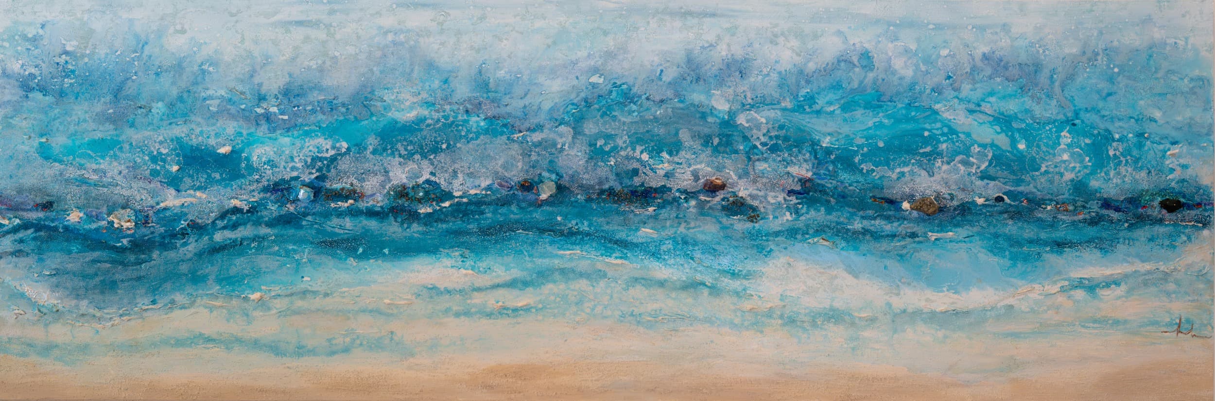 Beach Osa — original mixed media on canvas, stones by Malu Moreira, 298 × 100 cm (117.3" × 39.4")