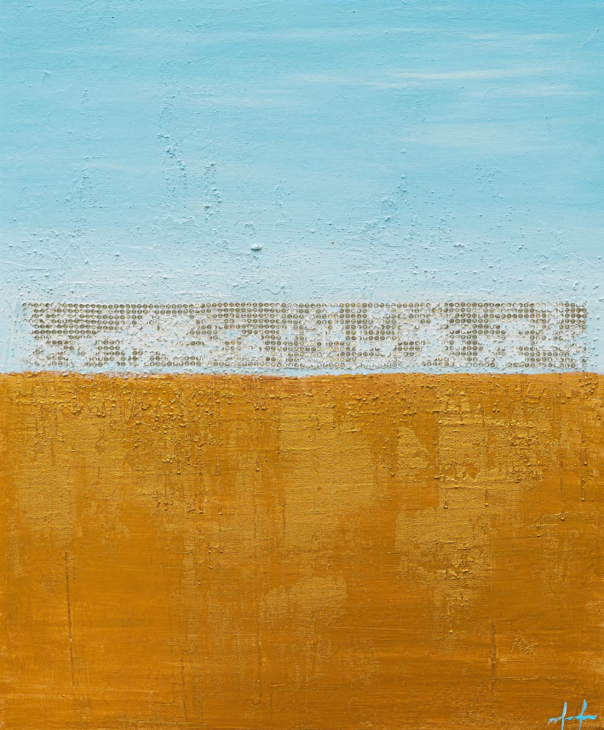 Blue&Gold — original mixed media on canvas by Malu Moreira, 120 × 99.9 cm (47.2" × 39.3")