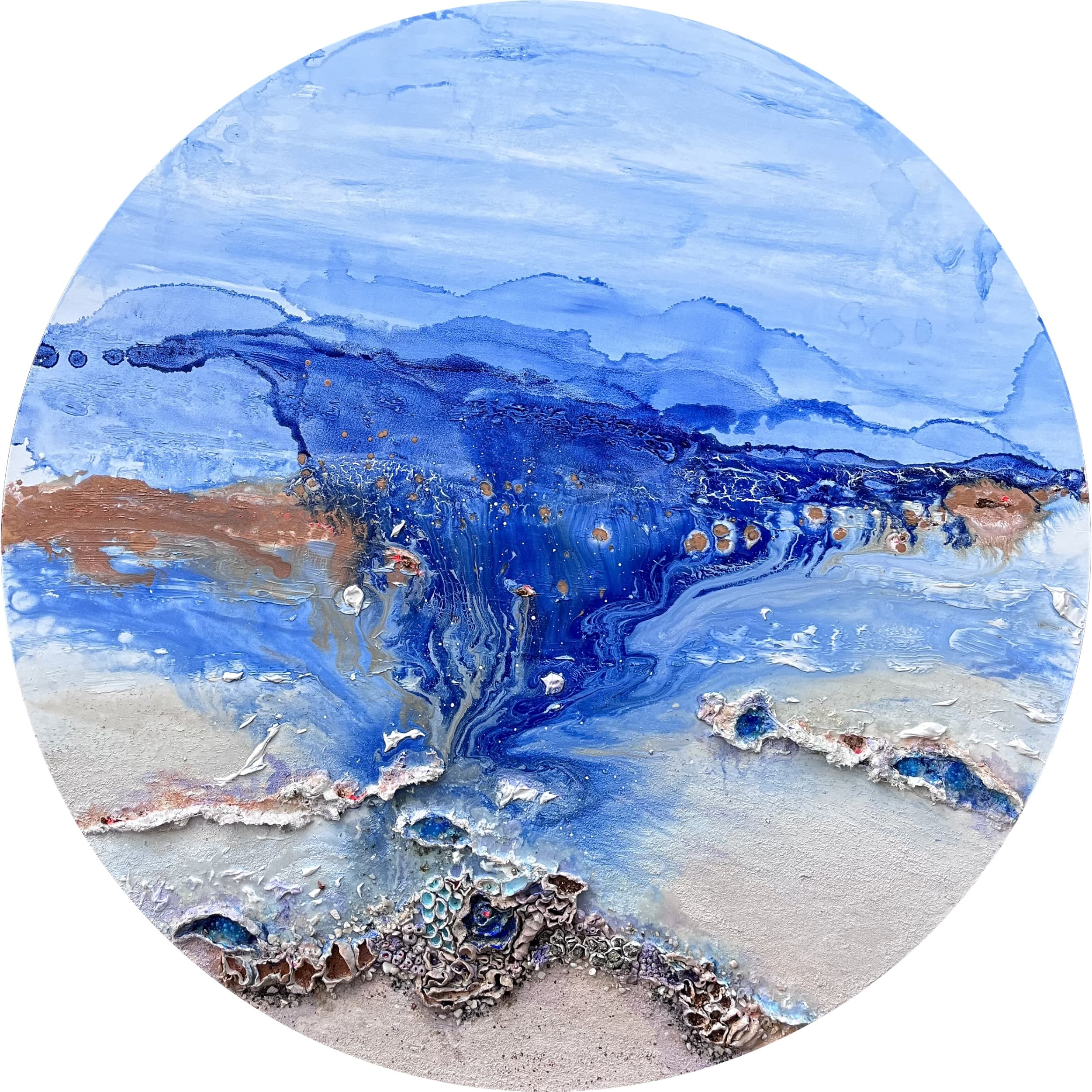 Coral — original mixed media on canvas by Malu Moreira, 100 cm diameter (39.4" diameter)