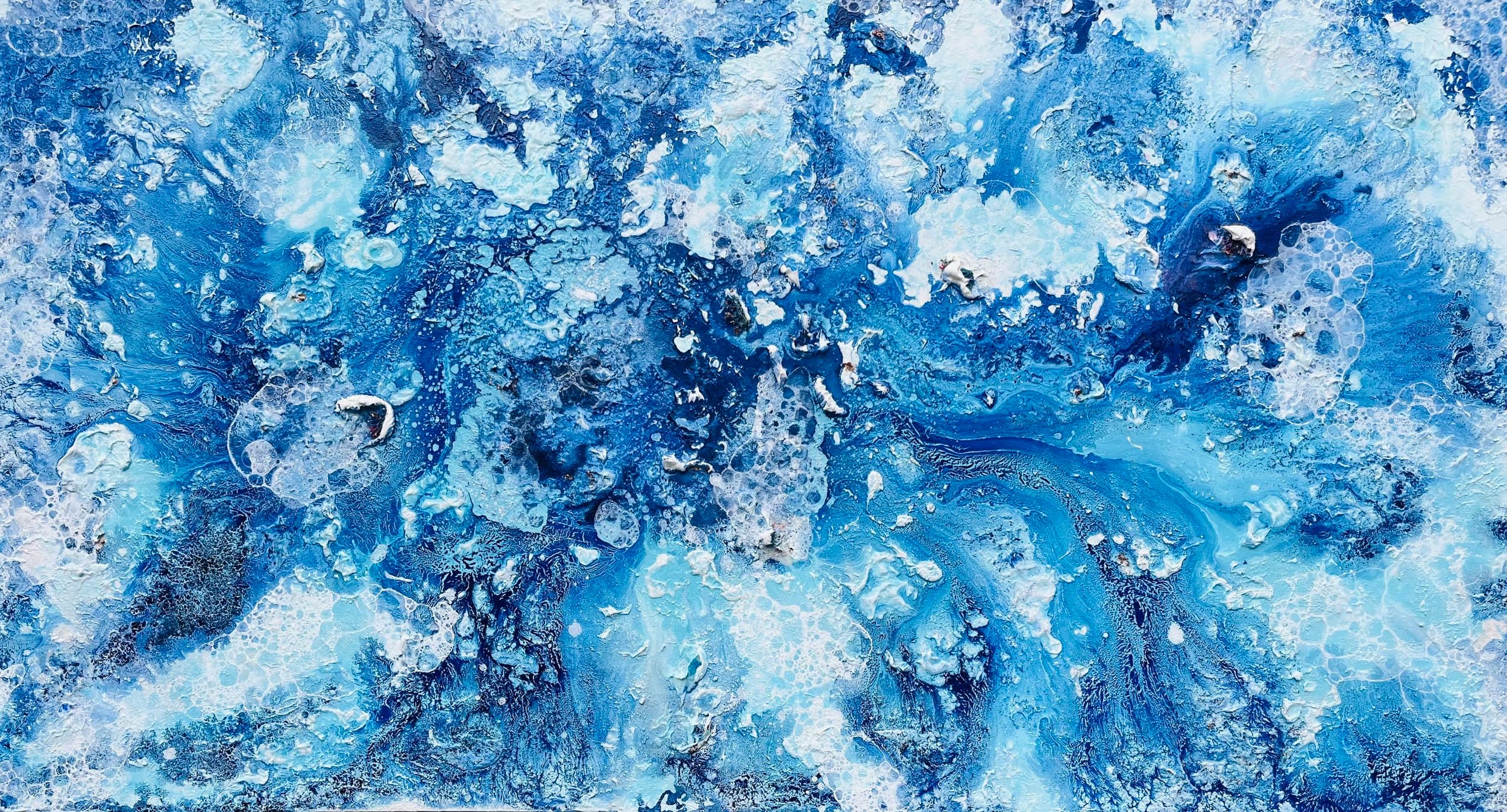 Coral Blue — original mixed media on canvas by Malu Moreira, 180 × 100 cm (70.9" × 39.4")