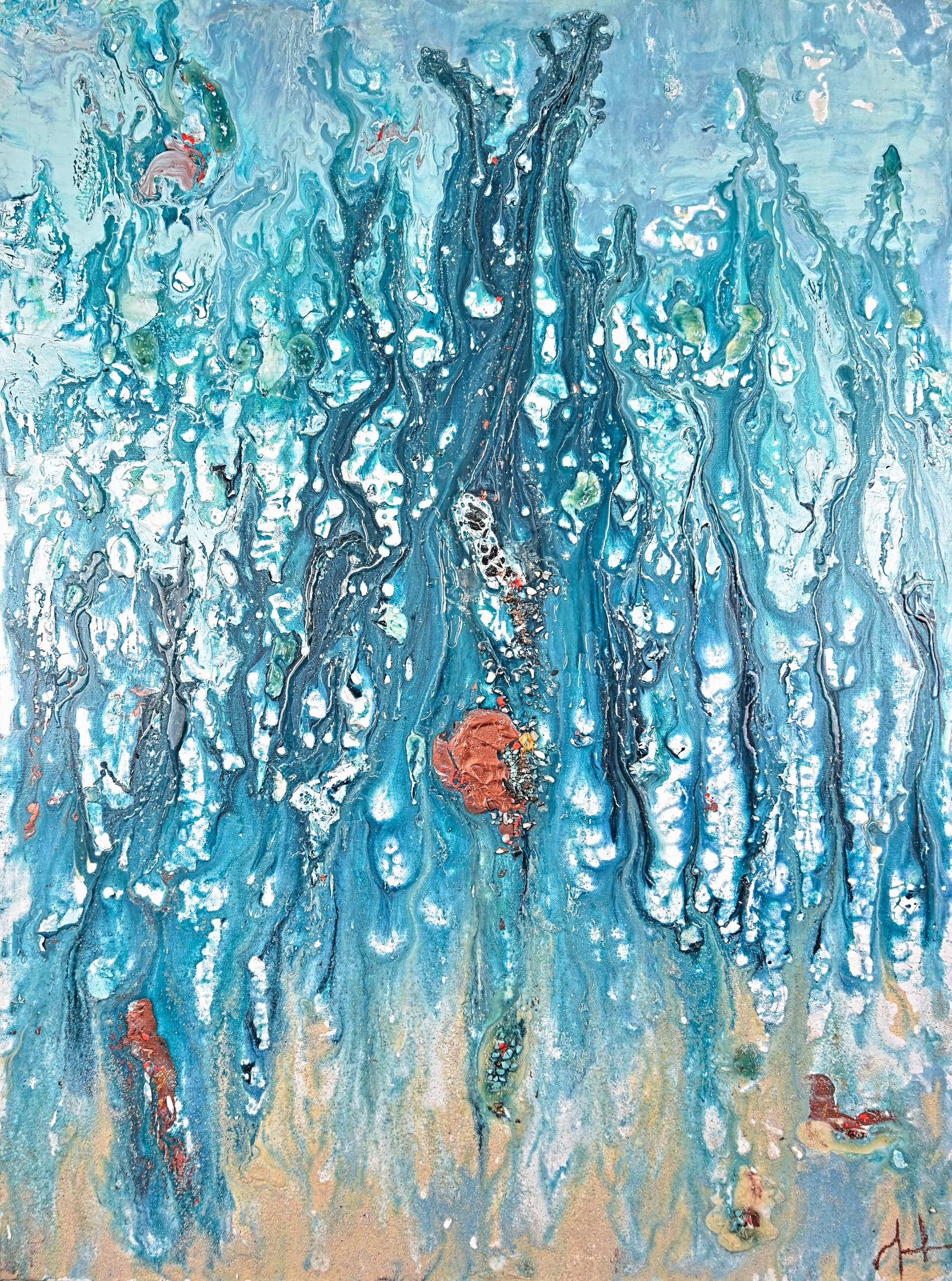 Coral Catalinas — original mixed media on canvas, resin, stones by Malu Moreira, 90 × 120 cm (35.4" × 47.2")