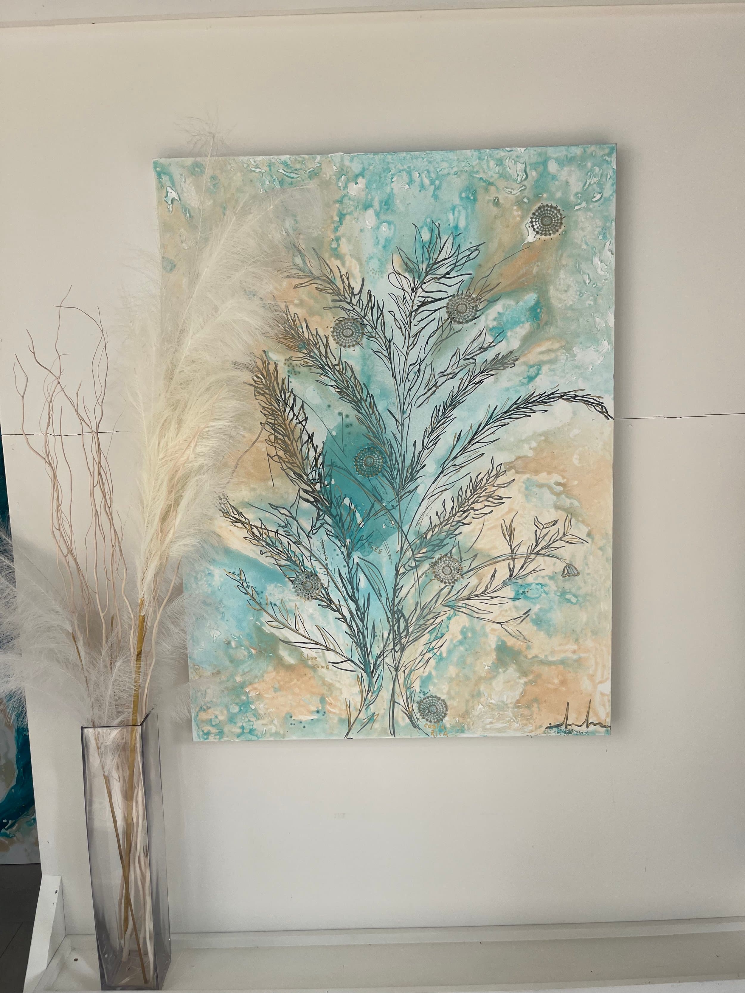 Coral Garden 4 — original mixed media on canvas by Malu Moreira, 90 × 120 cm (35.4" × 47.2")