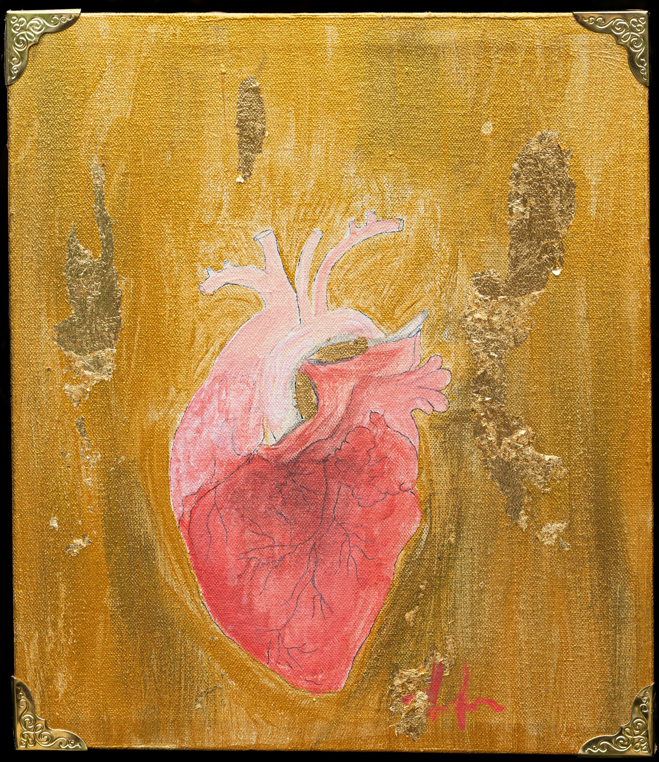 Golden Love — original mixed media on canvas by Malu Moreira, 26 × 30 cm (10.2" × 11.8")