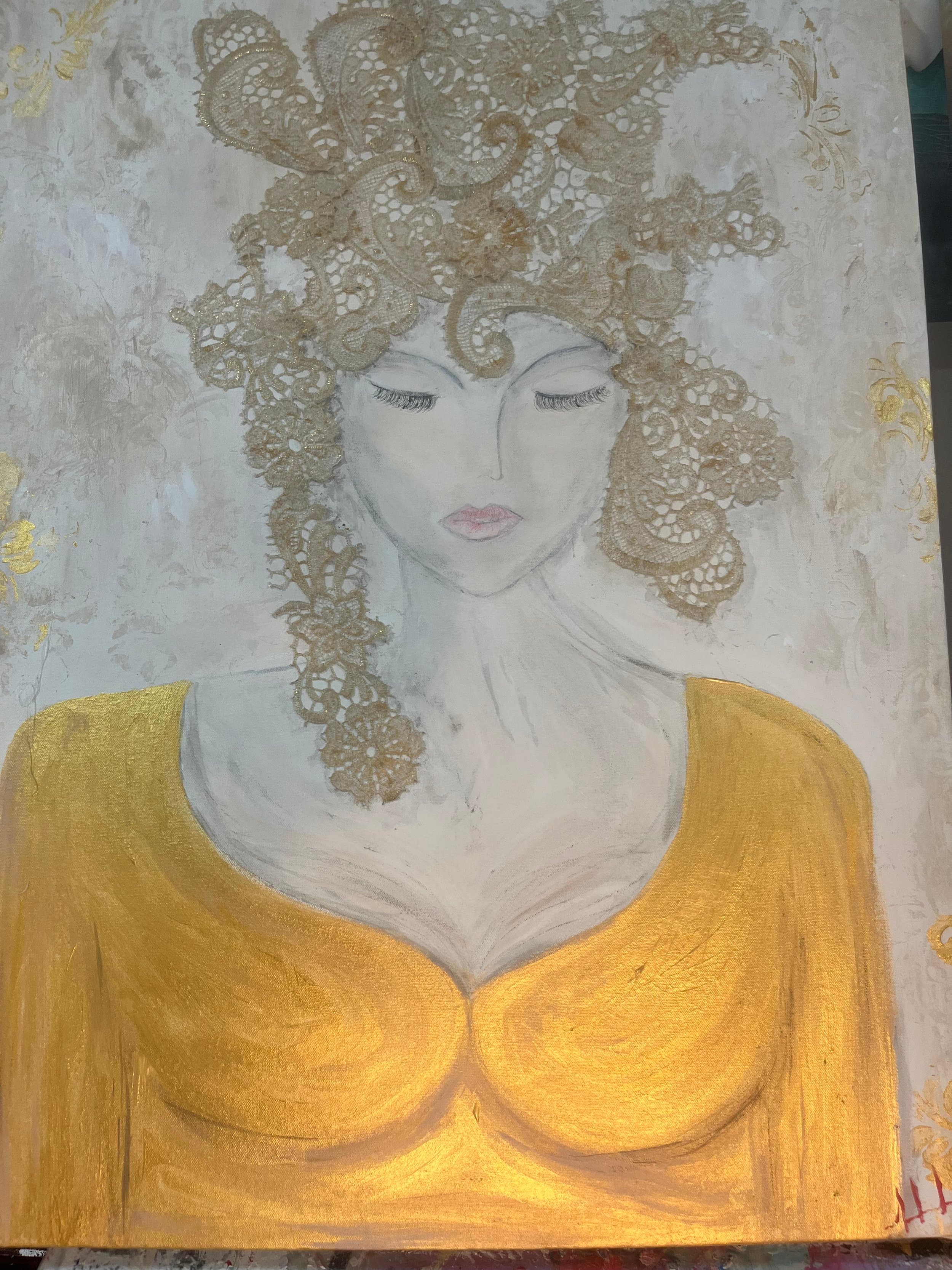 Golden Women — original acrylic on canvas, mixed fiber by Malu Moreira, 60 × 80 cm (23.6" × 31.5")