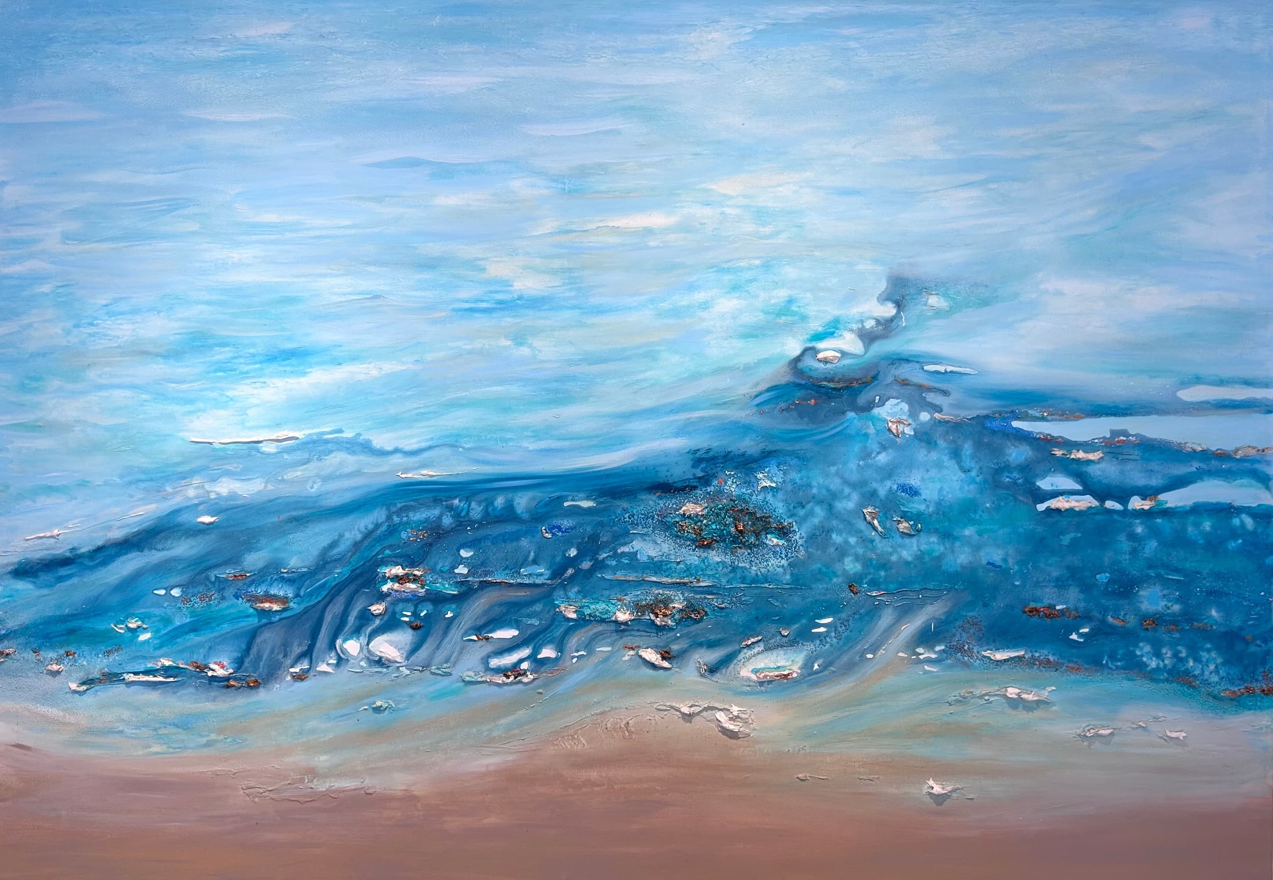 Playa Avellanas — original mixed media on canvas by Malu Moreira, 290 × 150 cm (114.2" × 59.1")