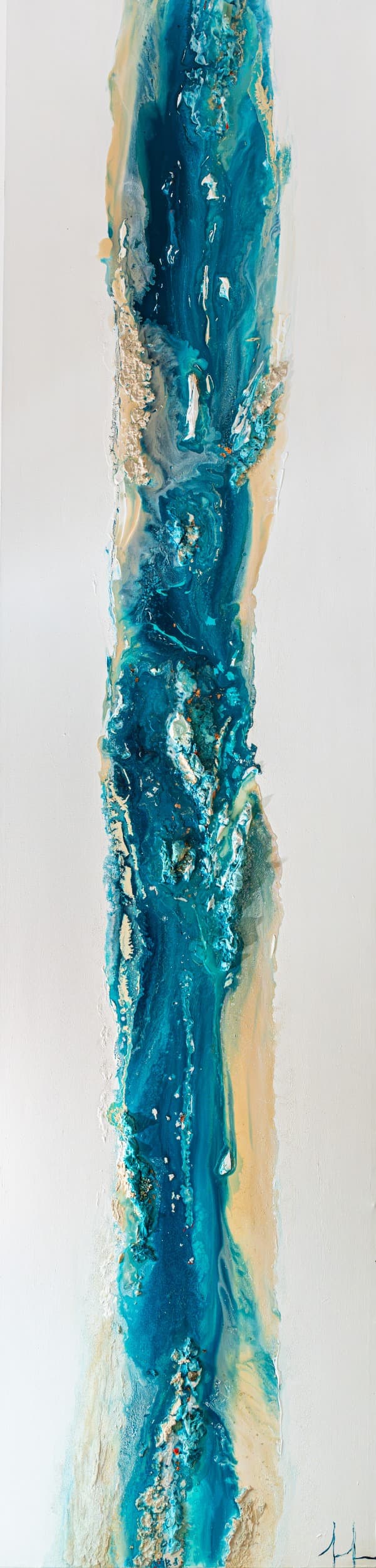 river celeste — original mixed media on canvas, brazillian stones by Malu Moreira, 74 × 310 cm (29.1" × 122")