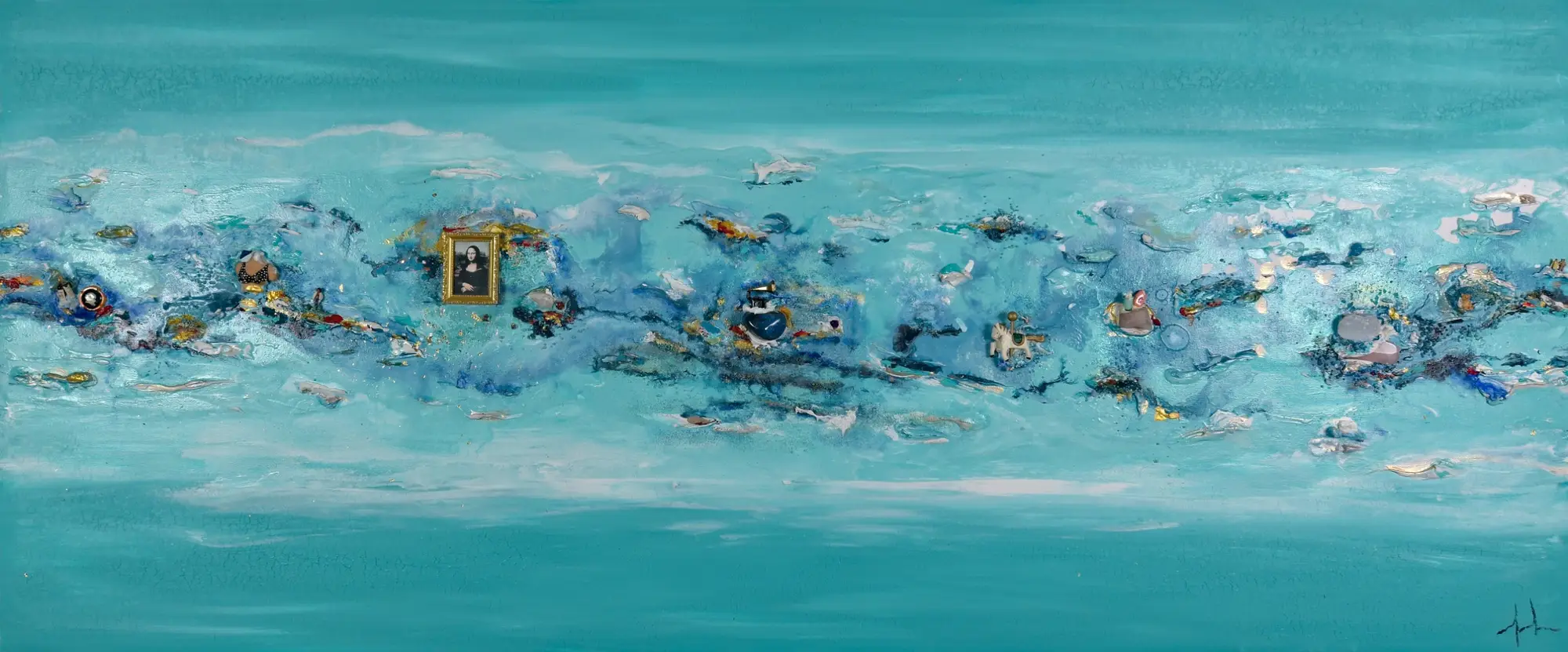 Alegria in Italy — original acrylic on canvas with stones and miniature figures by Malu Moreira, 180 × 70 cm (70.9" × 27.6")