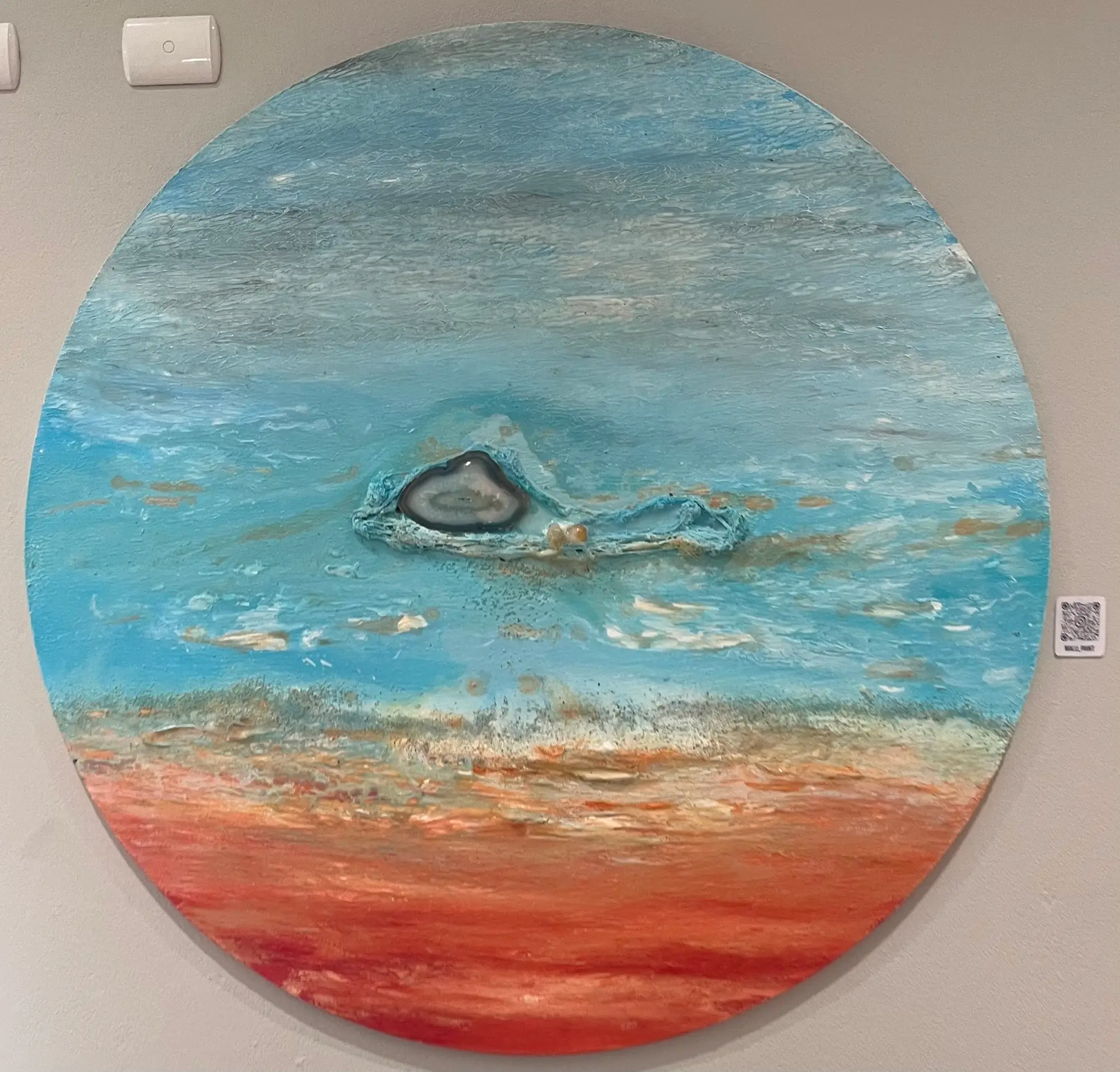 Catalinas — original acrylic and resin on canvas with brazilian semi-precious stones by Malu Moreira, 120 cm diameter (47.2" diameter)
