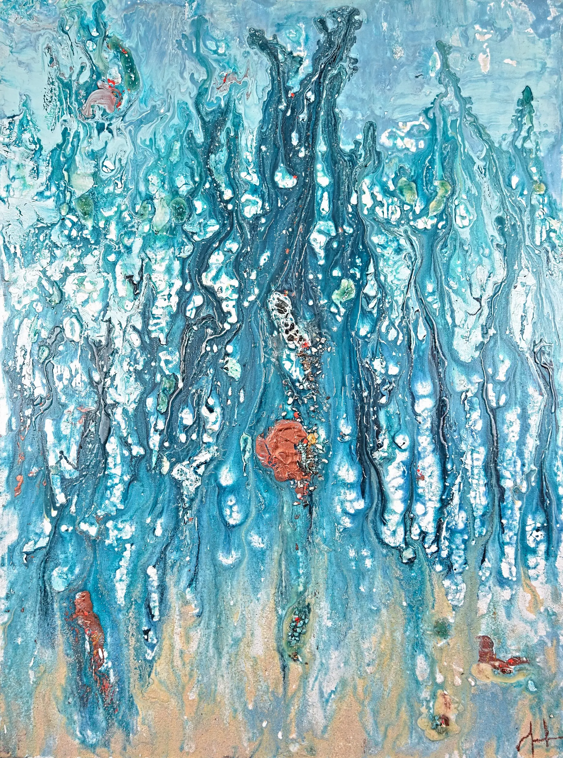 Coral Catalinas — original acrylic and resin on canvas with brazilian semi-precious stones by Malu Moreira, 90 × 120 cm (35.4" × 47.2")