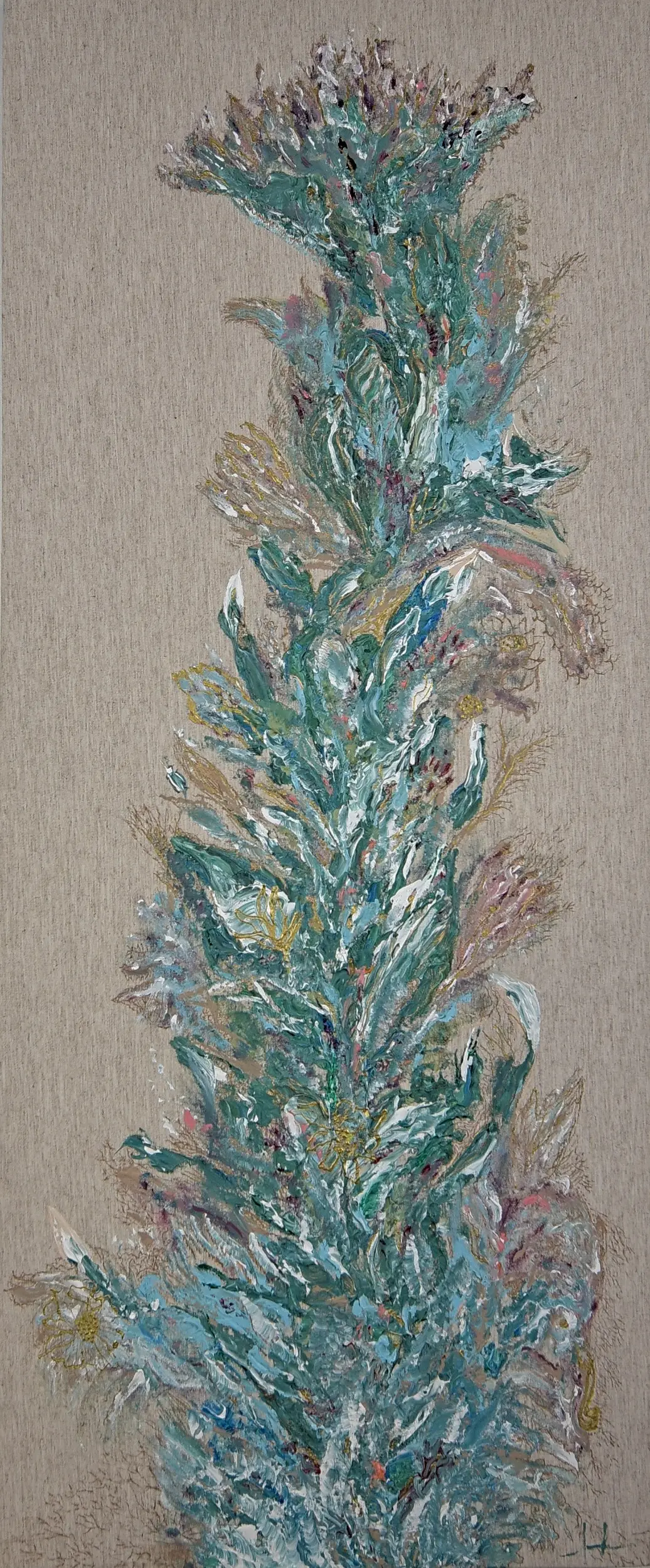 Flores2 — original acrylic on raw linen by Malu Moreira, 50 × 120 cm (19.7" × 47.2")