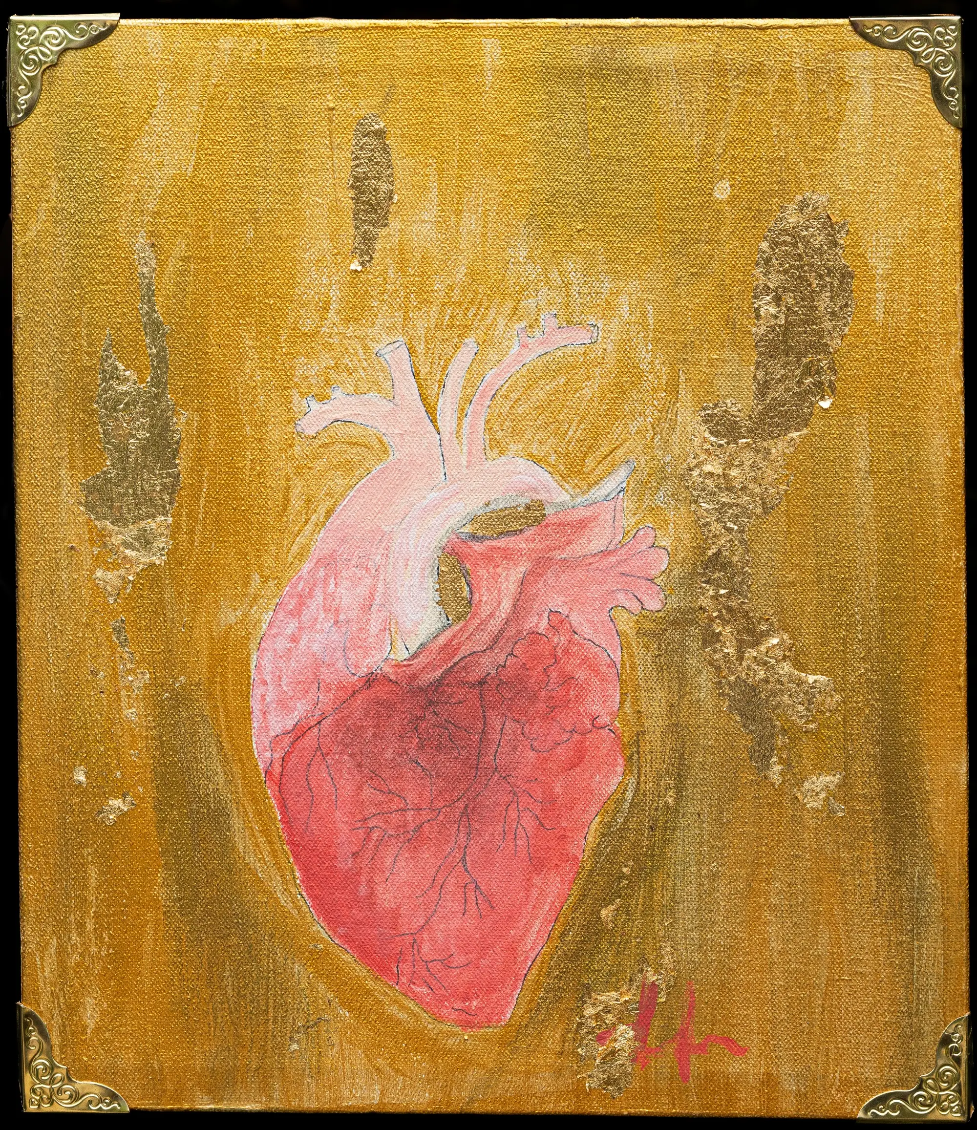 Golden Love — original acrylic on canvas with ground brazilian semi-precious stone by Malu Moreira, 26 × 30 cm (10.2" × 11.8")