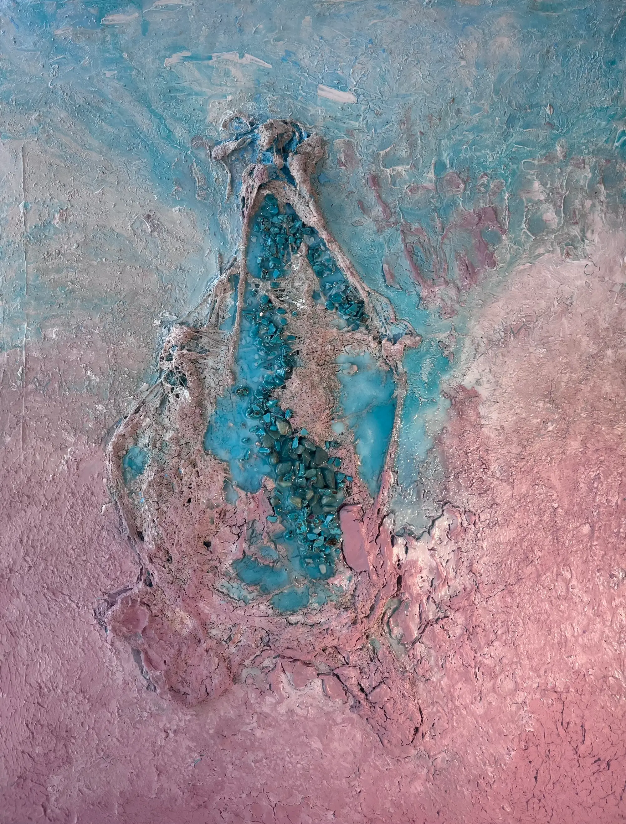 Playa Rosada — original acrylic on canvas with brazilian semi-precious stones by Malu Moreira, 60 × 80 cm (23.6" × 31.5")
