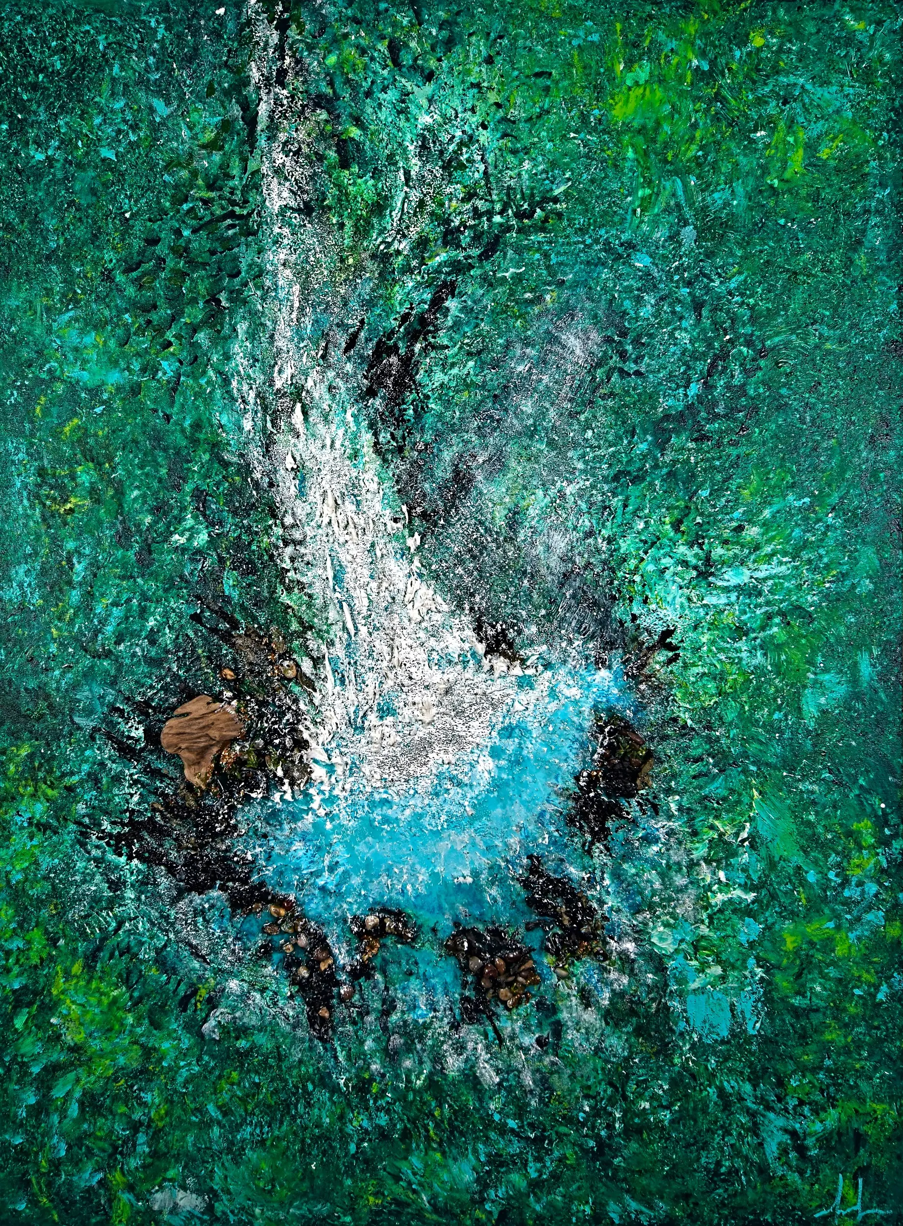 Rio celeste — original acrylic on canvas with stones by Malu Moreira, 90 × 123 cm (35.4" × 48.4")